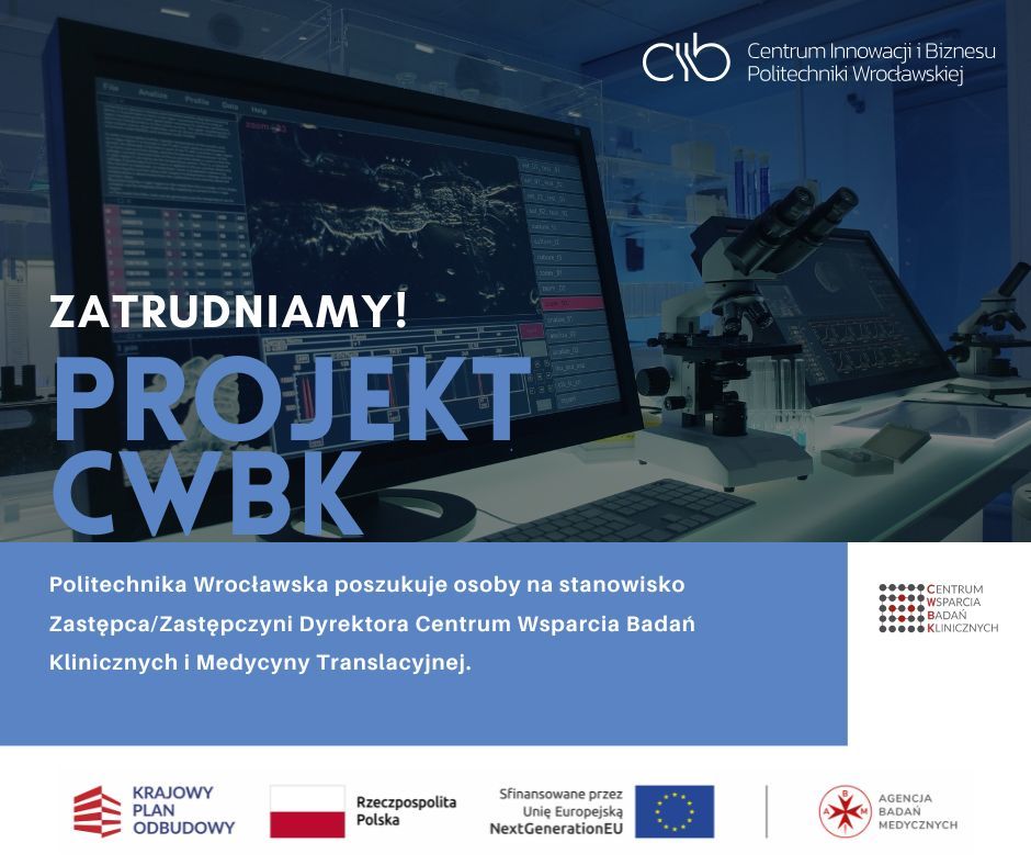 Grafika rekrutacyjna z monitorem i mikroskopami w laboratorium.